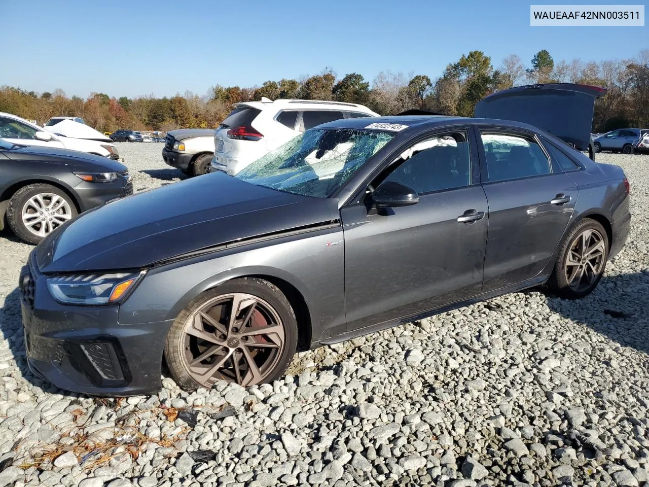 Auction sale of the 2022 Audi A4 , vin: WAUEAAF42NN003511, lot number: 74322743
