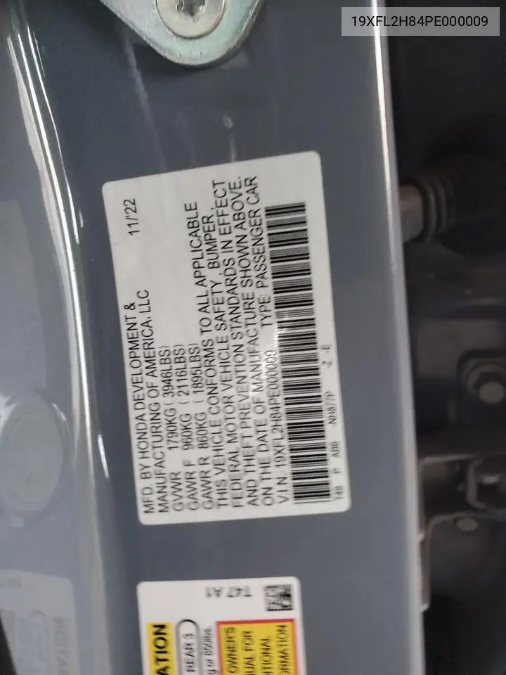 Auction sale of the 2023 Honda Civic , vin: 19XFL2H84PE000009, lot number: 92704195