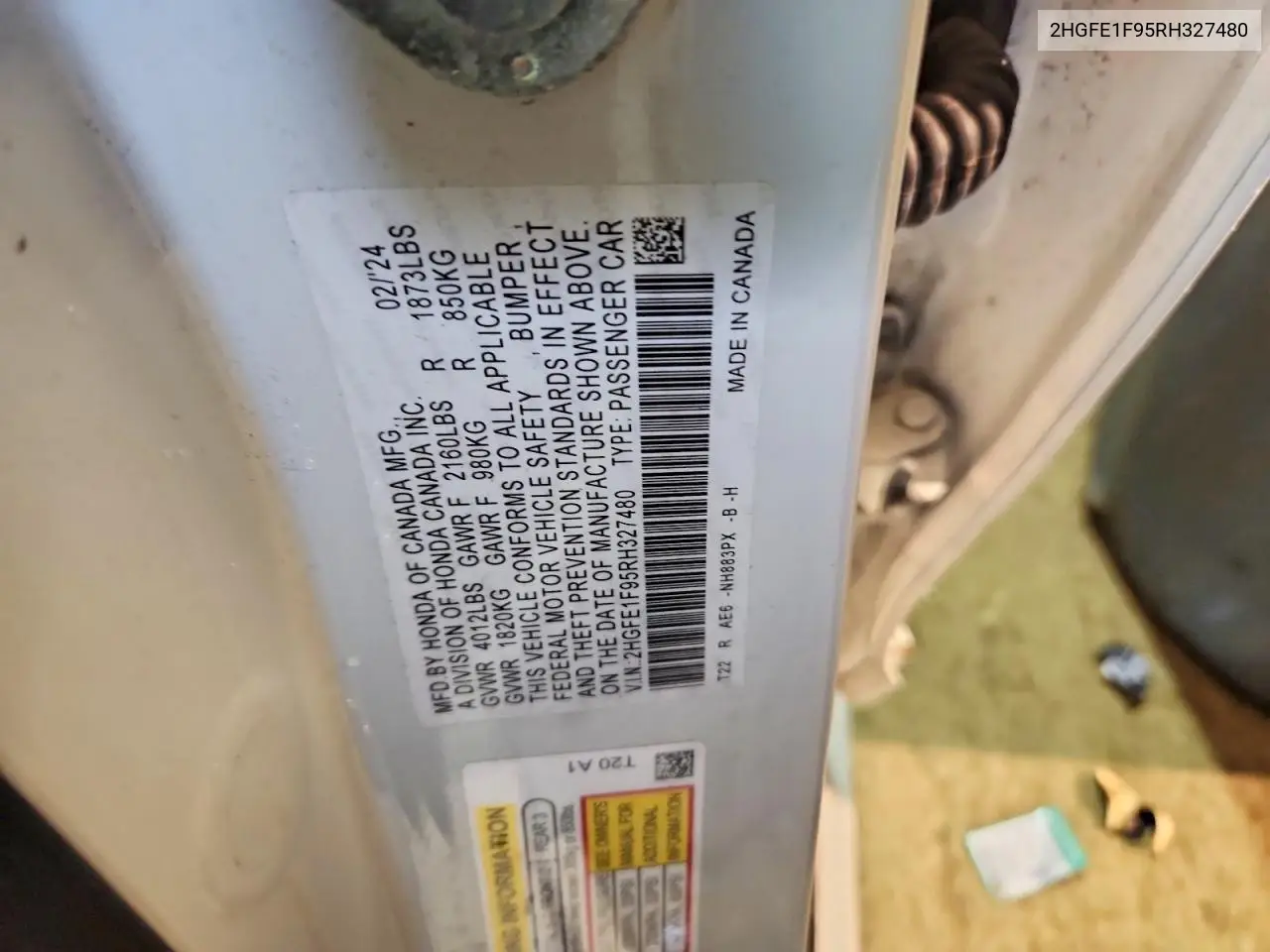 Auction sale of the 2024 Honda Civic , vin: 2HGFE1F95RH327480, lot number: 45877856