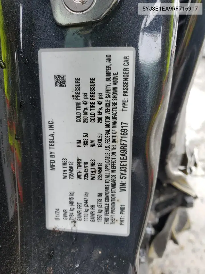 Auction sale of the 2024 Tesla Model 3 , vin: 5YJ3E1EA9RF716917, lot number: 49883955