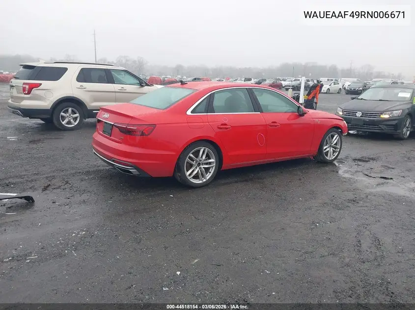 Auction sale of the 2024 Audi A4 , vin: WAUEAAF49RN006671, lot number: 44518154