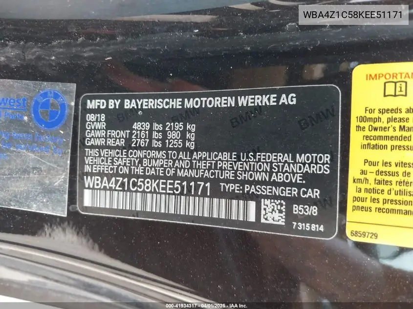 Auction sale of the 2019 BMW 4er , vin: WBA4Z1C58KEE51171, lot number: 41934317