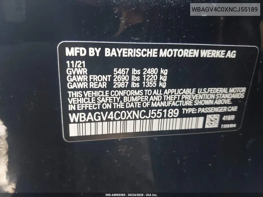 Auction sale of the 2022 BMW 8er , vin: WBAGV4C0XNCJ55189, lot number: 44950365