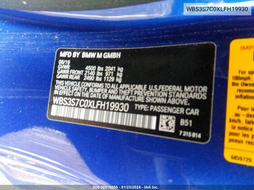 Auction sale of the 2020 BMW M4 , vin: WBS3S7C0XLFH19930, lot number: 38515055
