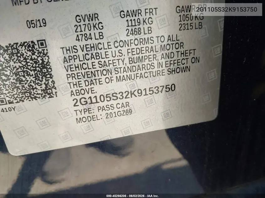 Auction sale of the 2019 Chevrolet Impala , vin: 2G1105S32K9153750, lot number: 45266206