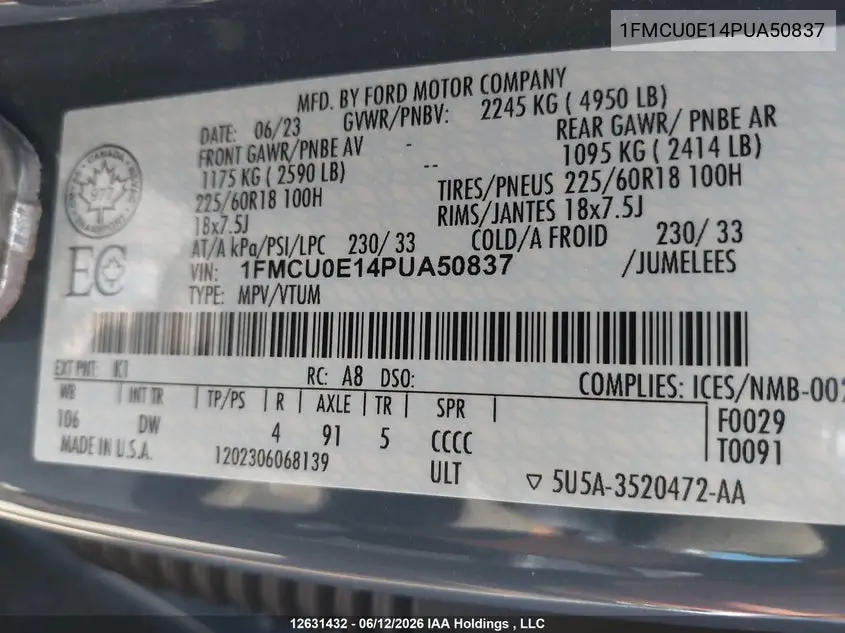 Auction sale of the 2023 Ford Escape , vin: 1FMCU0E14PUA50837, lot number: 12631432