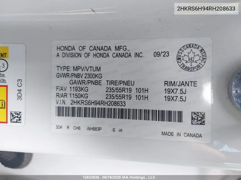 Auction sale of the 2024 Honda CR V , vin: 2HKRS6H94RH208633, lot number: 12633936