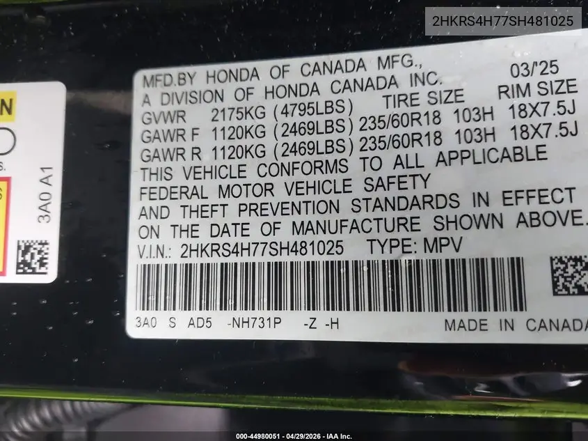Auction sale of the 2025 Honda CR V , vin: 2HKRS4H77SH481025, lot number: 44980051