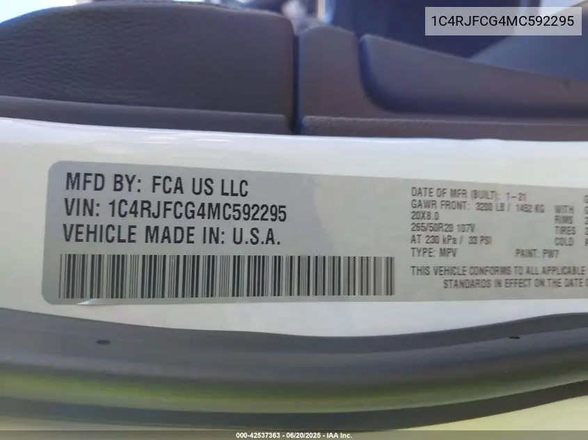 Auction sale of the 2021 Jeep Grand Cherokee , vin: 1C4RJFCG4MC592295, lot number: 42537363