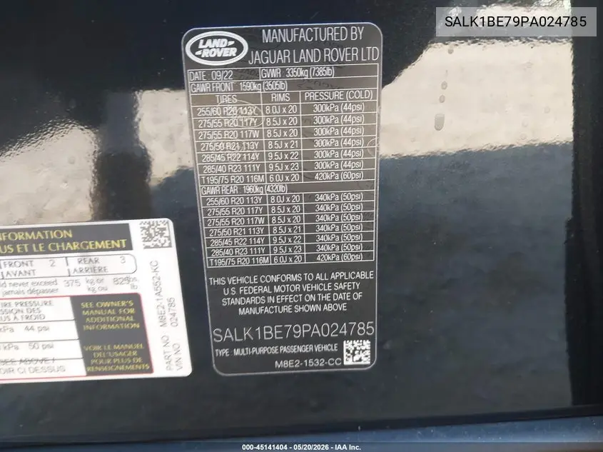Auction sale of the 2023 Land Rover Range Rover , vin: SALK1BE79PA024785, lot number: 45141404