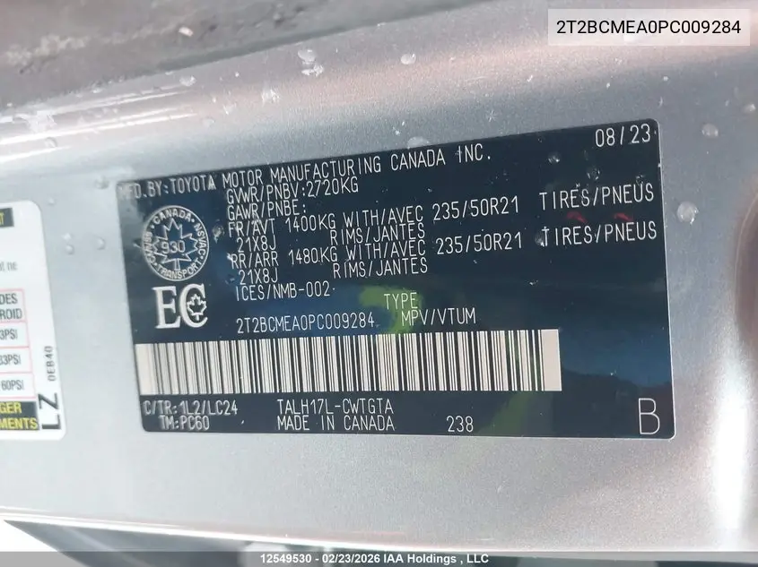 Auction sale of the 2023 Lexus RX , vin: 2T2BCMEA0PC009284, lot number: 12549530