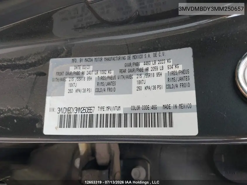Auction sale of the 2021 Mazda CX 30 , vin: 3MVDMBDY3MM250657, lot number: 12653319