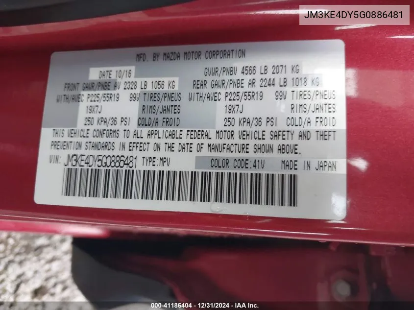 Auction sale of the 2016 Mazda CX 5 , vin: JM3KE4DY5G0886481, lot number: 41186404