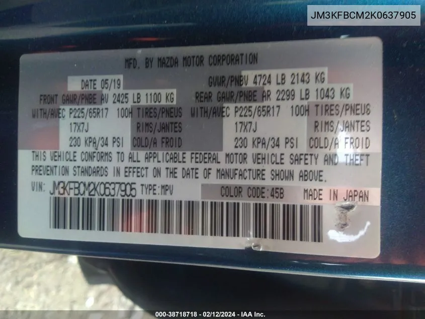 Auction sale of the 2019 Mazda CX 5 , vin: JM3KFBCM2K0637905, lot number: 38718718