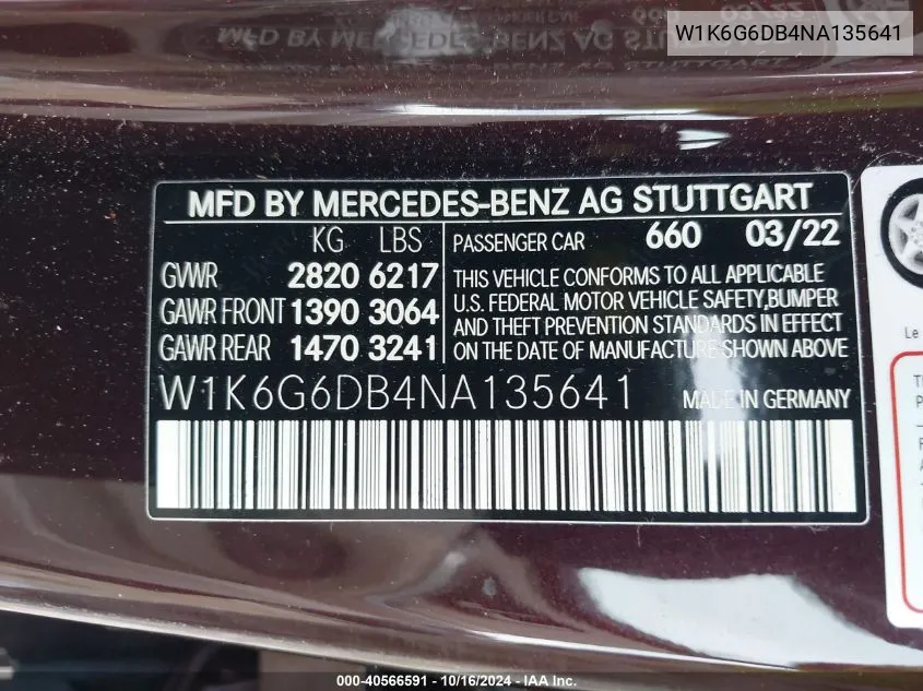 Auction sale of the 2022 Mercedes Benz S klasse , vin: W1K6G6DB4NA135641, lot number: 40566591