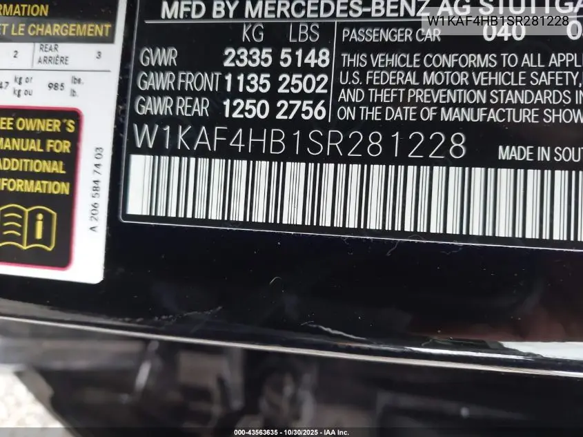 Auction sale of the 2025 Mercedes Benz C klasse , vin: W1KAF4HB1SR281228, lot number: 43563635