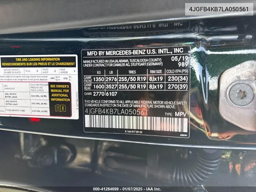 Auction sale of the 2020 Mercedes Benz GLE , vin: 4JGFB4KB7LA050561, lot number: 41284699