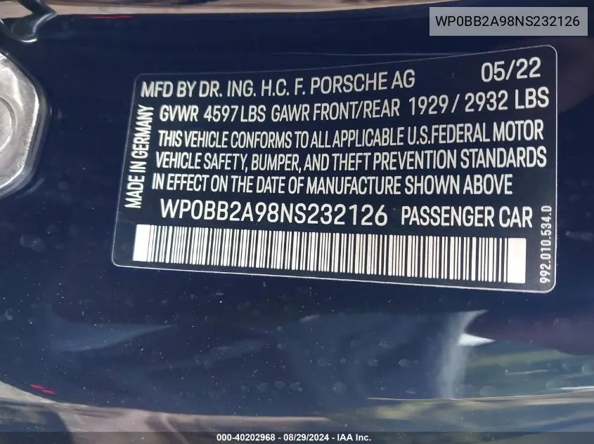 Auction sale of the 2022 Porsche 911 , vin: WP0BB2A98NS232126, lot number: 40202968