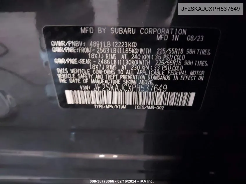 Auction sale of the 2023 Subaru Forester , vin: JF2SKAJCXPH537649, lot number: 38778066