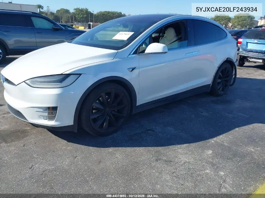 Auction sale of the 2020 Tesla Model X , vin: 5YJXCAE20LF243934, lot number: 44375692
