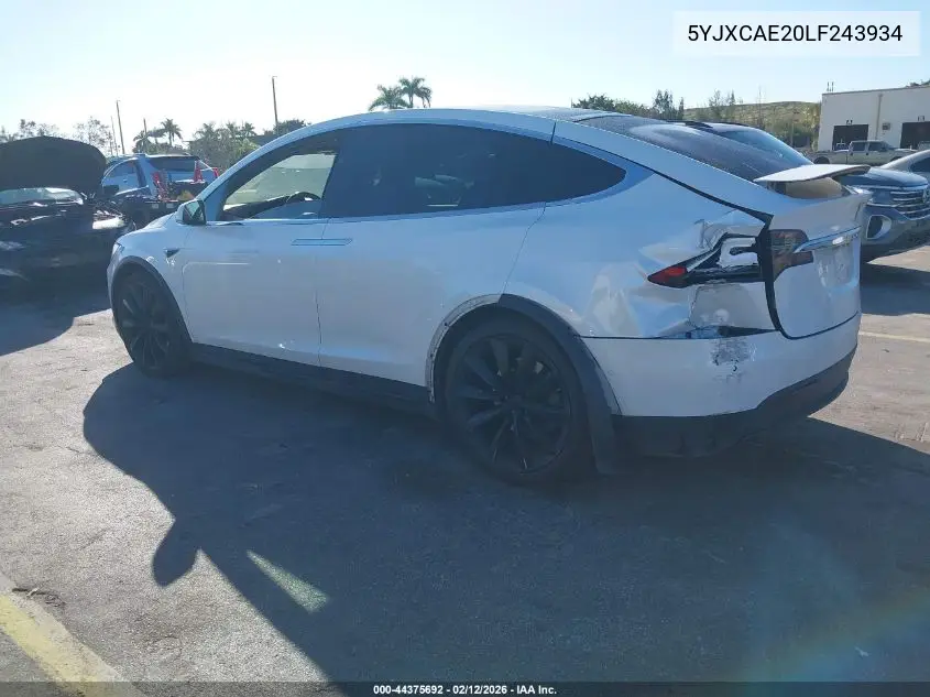 Auction sale of the 2020 Tesla Model X , vin: 5YJXCAE20LF243934, lot number: 44375692