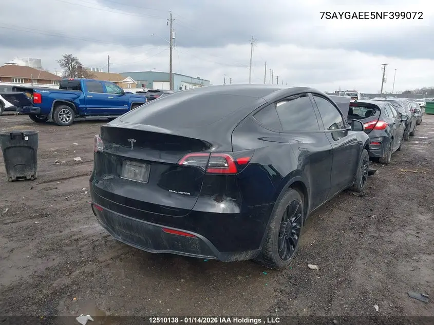 Auction sale of the 2022 Tesla Model Y , vin: 7SAYGAEE5NF399072, lot number: 12510138