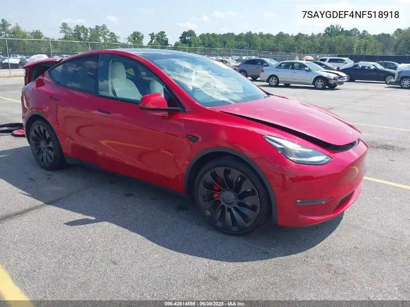 Auction sale of the 2022 Tesla Model Y , vin: 7SAYGDEF4NF518918, lot number: 42614598