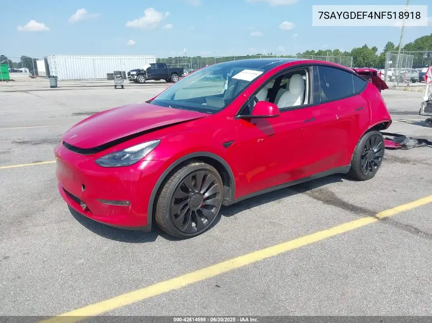 Auction sale of the 2022 Tesla Model Y , vin: 7SAYGDEF4NF518918, lot number: 42614598