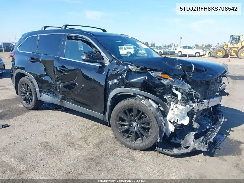 Auction sale of the 2019 Toyota Highlander , vin: 5TDJZRFH8KS708542, lot number: 43529028