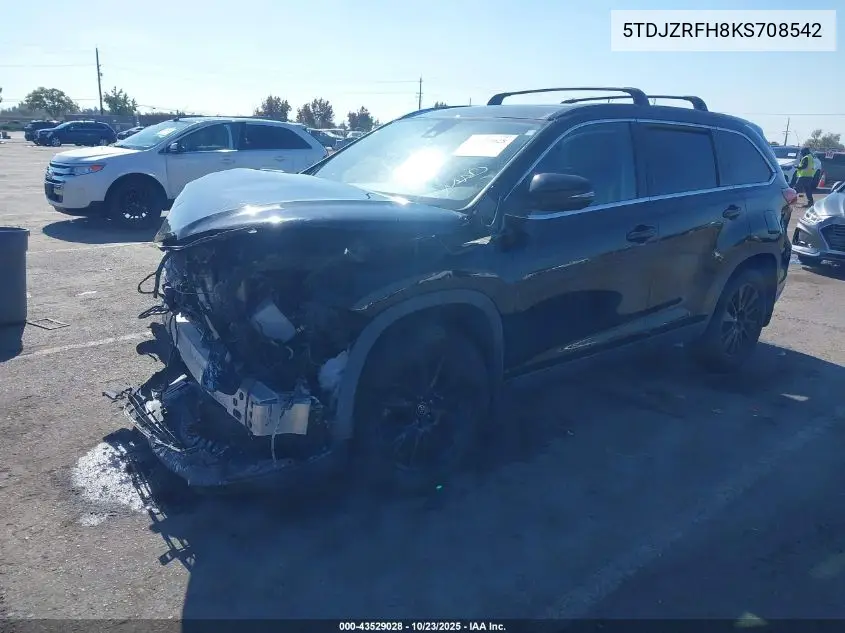 Auction sale of the 2019 Toyota Highlander , vin: 5TDJZRFH8KS708542, lot number: 43529028