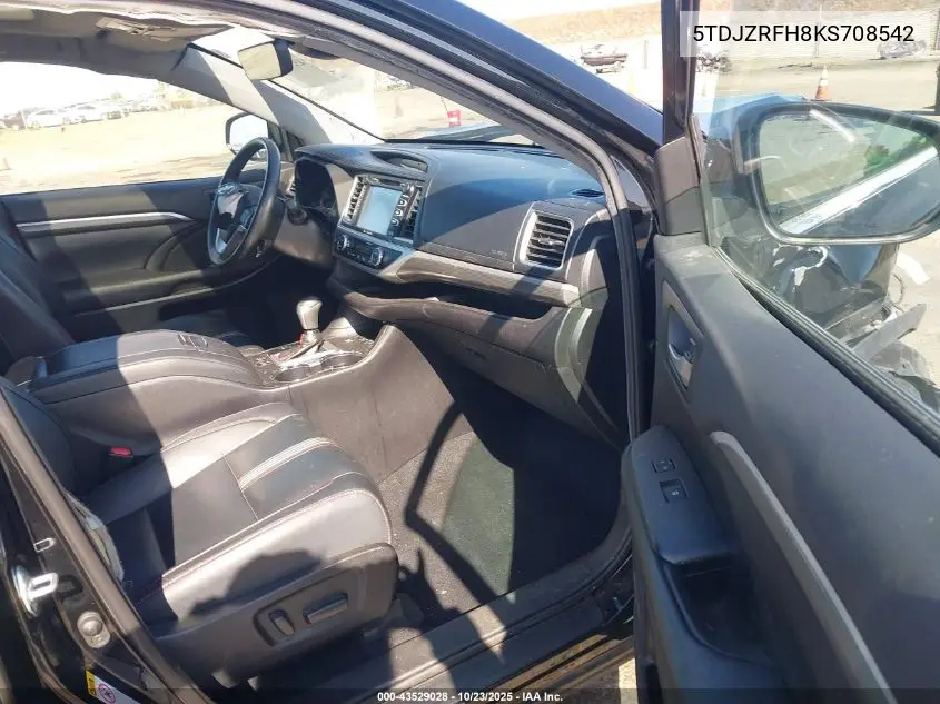 Auction sale of the 2019 Toyota Highlander , vin: 5TDJZRFH8KS708542, lot number: 43529028