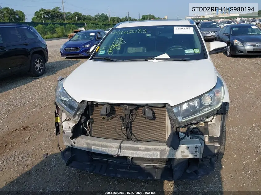 Auction sale of the 2019 Toyota Highlander , vin: 5TDDZRFH4KS980194, lot number: 45692283