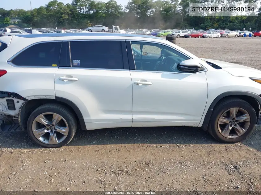 Auction sale of the 2019 Toyota Highlander , vin: 5TDDZRFH4KS980194, lot number: 45692283