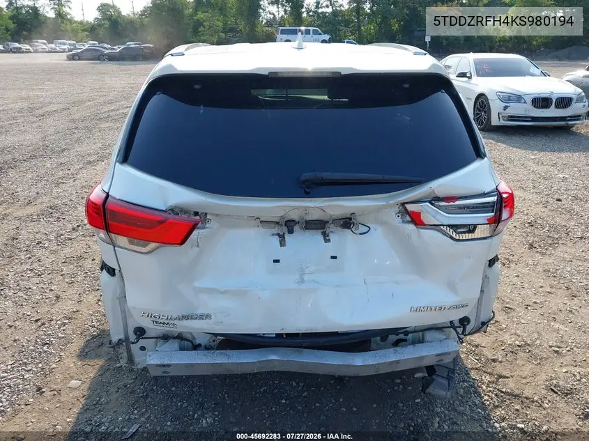 Auction sale of the 2019 Toyota Highlander , vin: 5TDDZRFH4KS980194, lot number: 45692283