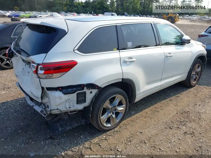 Auction sale of the 2019 Toyota Highlander , vin: 5TDDZRFH4KS980194, lot number: 45692283