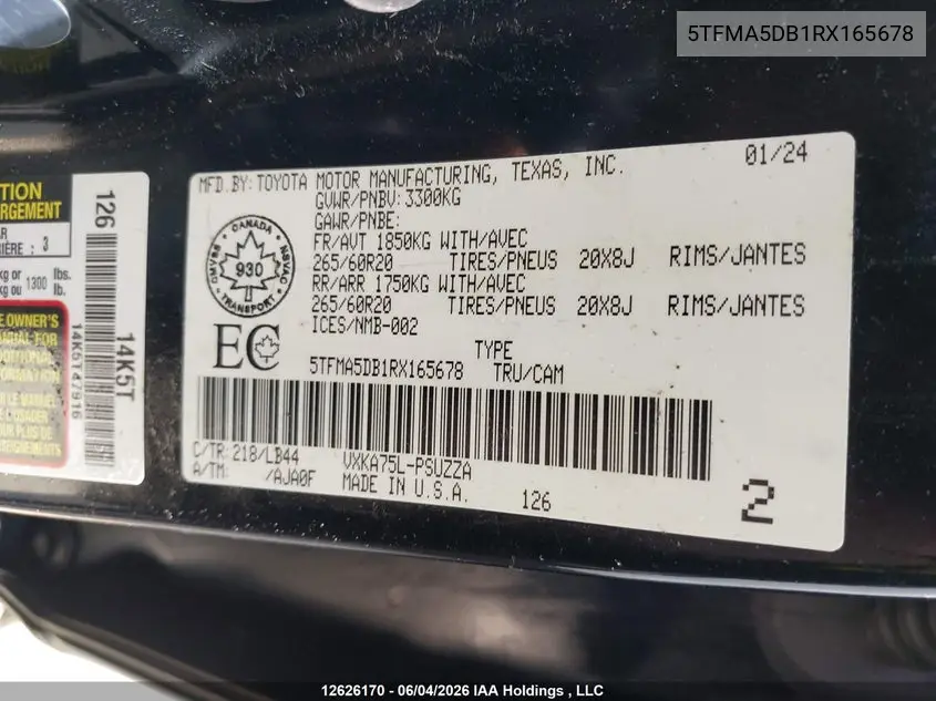 Auction sale of the 2024 Toyota Tundra , vin: 5TFMA5DB1RX165678, lot number: 12626170