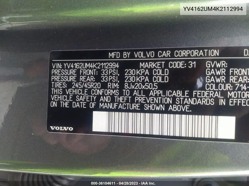 Auction sale of the 2019 Volvo XC40 , vin: YV4162UM4K2112994, lot number: 36104611