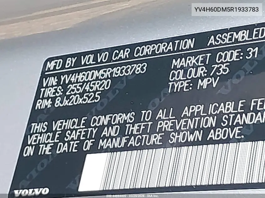 Auction sale of the 2024 Volvo XC60 , vin: YV4H60DM5R1933783, lot number: 44664400