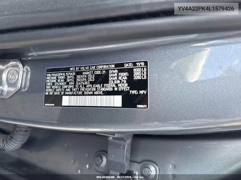 Auction sale of the 2020 Volvo XC90 , vin: YV4A22PK4L1579426, lot number: 45424388